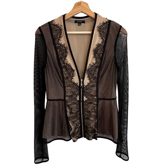Womens Black Lace Mesh Full Zip Jacket Top Size M Whimsigoth Gothic Romance - Picture 1 of 8